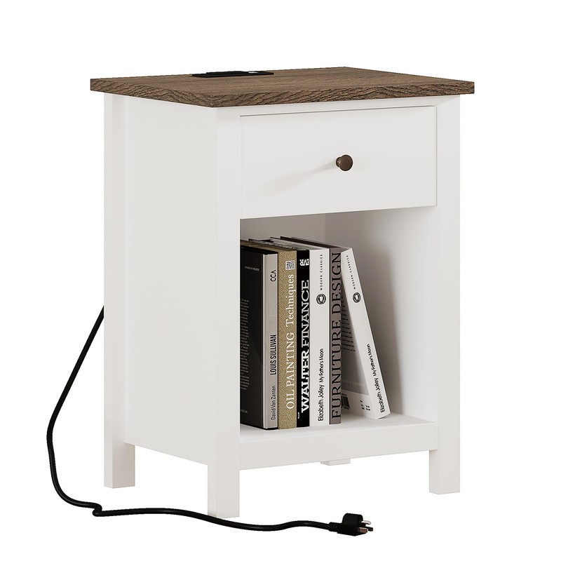 ChooChoo Farmhouse Nightstand with Charging Station, Wooden Top Bedside End