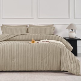 JELLYMONI King Comforter Set - Khaki Striped Tufted Bedding Sets, 7 Pieces Bed in a Bag with Fluffly Comforter, Sheets, Pillowcases & Shams