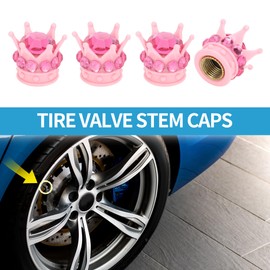 A ABSOPRO Tire Valve Stem Caps 12.8x15.8MM Car Wheel Valve Cap ABS Pink Rose Red Faux Crystal Crown Style for Car Bike Motorcycle Truck Anti Crash Tyre Valve Stem Cover Valve Dust Cap 4 Pcs