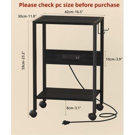 Akxomel 16.5" W Computer Tower Stand with Charging Station and USB Port, 2 Tier Mobile Floor PC Stand Fits Under Desk, Rolling Printer Cart with Hooks, CPU Holder for Carpet, Home Office