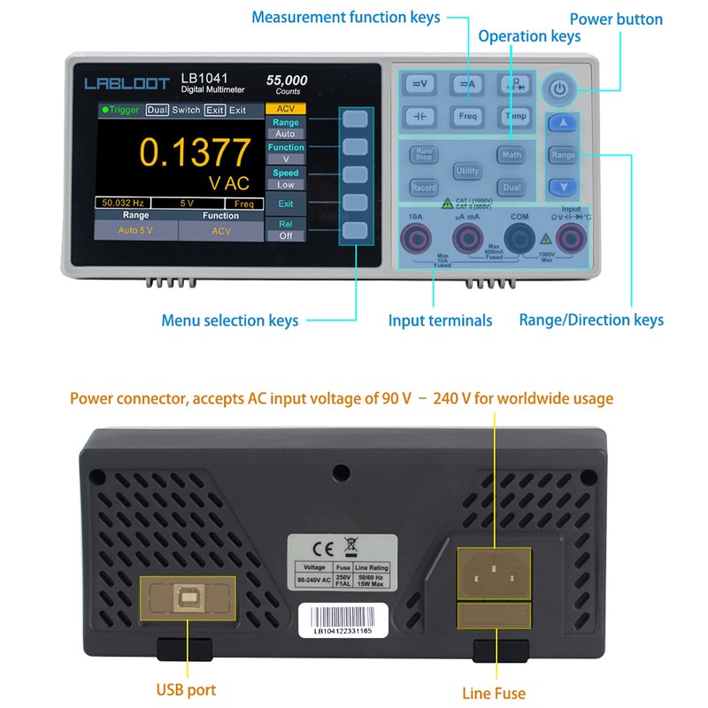 Labloot LB1041 Bench Digital Multimeter 55000 Counts DC/AC Voltmeter Ammeter