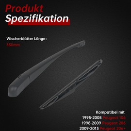 OTUAYAUTO Rear Windscreen Wiper Compatible with Peugeot 106 95-05, Peugeot 206 98-09, Peugeot 206+ 09-13, Windscreen Wiper Rear Wiper Arm with Wiper Blades, Length: 350 mm