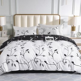 Lekesky Reversible Duvet Cover Queen Size, White Black Tree Branch Pattern Comforter Cover Queen 3pc Super Soft Microfiber Breathable Botanical Bedding Sets with Zipper Ties