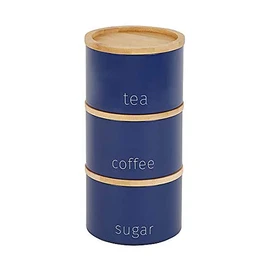 RA-HOMESTORE® New Boasting A Contemporary Design Navy Tea, Coffee and Sugar Metal Stacking Canisters With Wooden Lids