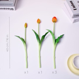 WAKISAKI 16-inch Premium Real Touch Fake Tulips, Artificial Flowers with Buds, Flexible Stem Easy to Shape, Faux Tulips (Vase not Included), 5-Pack Set of Sunset Orange