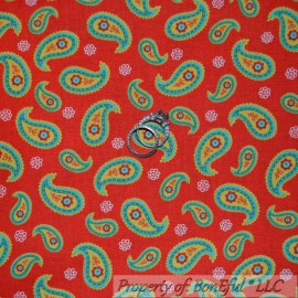 Unbranded BonEful FABRIC FQ Cotton Quilt Red Aqua Yellow Paisley Flower Dot Easter Spring