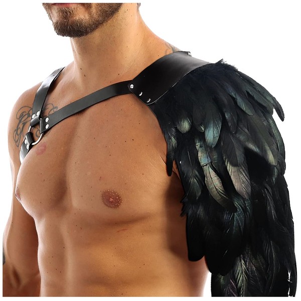 L'VOW Gothic Feather Harness Costume for Men Adjustable PU Leather Shoulder Armor with Feather Medieval Guards Halloween Cosplay Black