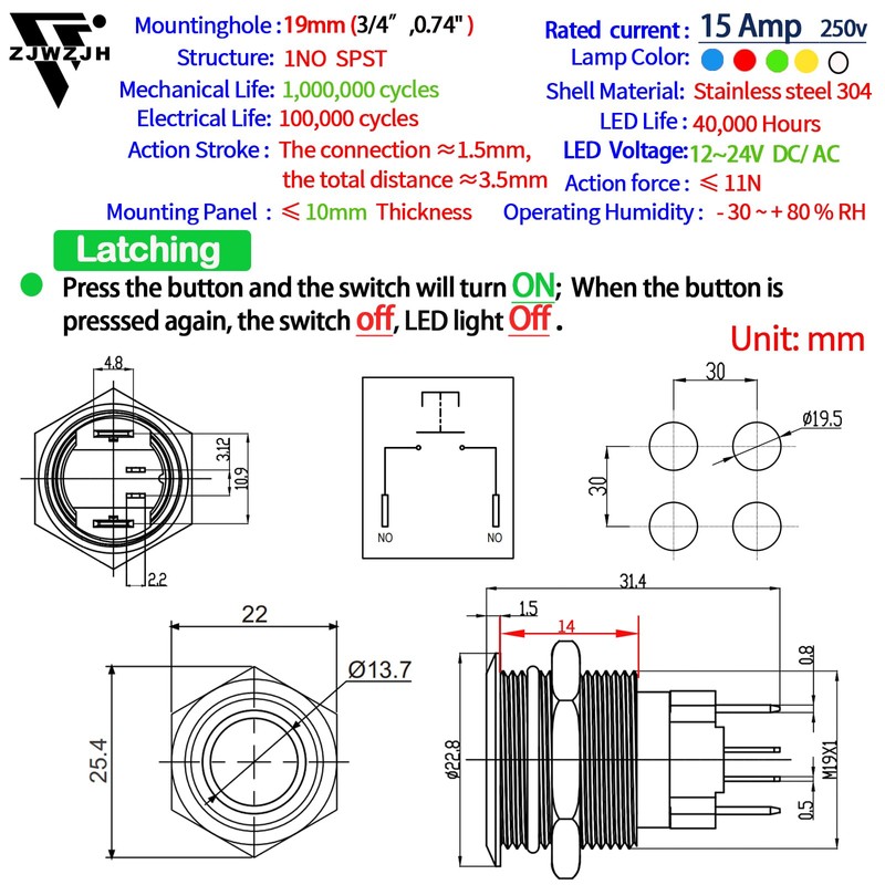 ZJWZJH 15Amp Latching Push Button Switch 19mm 3/4" Hole 12V/24V