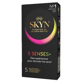 SKYN 5 Senses +: Scatola di 5 preservativi maschili senza lattice, materiale Skynfeel, 1 x intensamente perlato, 2 x Sapore Cocktail, 1 x Elite (Ultra Fine), 1 x Riscaldatore per stimolare i sensi