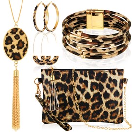 Sotiff 5 Pcs Women Leopard Jewelry Set Statement Leopard Clutch Purse Earring Leather Wrap Bracelets Long Tassel Pendant Necklace (Delicate)