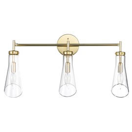 Globe Electric 63000063 5-Piece All-in-One Bathroom Accessory Set, Matte Brass Finish, 24" 3-Light Vanity Light, Clear Glass Shades, Towel Bar, Toilet Paper Holder, Towel Ring, Robe Hook