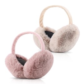 CHENKEE Pack of 2 Winter Ear Warmers, Ear Warmers, Women's Ear Warmers, Foldable Winter Plush Ear Warmers, Foldable Plush Earmuffs, Faux Fur, Warm Earmuffs for Men and Women, Beige, pink
