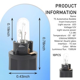 icykale 10 PCS T5 Car Halogen Single-filament Instrument Light, 0.43" x 0.78" 12V 1.2W Air Conditioning Indicator Light Brake Light, Plug Play Non-destructive Installation Accessories (White)