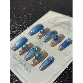 Handmade Press on Nails Medium Length MouyouGlow, Ballerina Blue Silver Chrome Cat Eye Magnetic Crystal Y2K Coquette Resuable Fake Nails, Handmade Artificial Fingernails, Pack of 10 (89-XS Size)