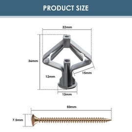 60-Pack Plasterboard Wall Plugs, Gypsum Board Fixing Anchors for Hollow Walls, Universal Heavy-Duty Drywall Anchors, Self-Expanding Gray Anchors, Anti-Rotation Expanding Plasterboard Screws