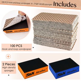 S&X Sanding Block Hook and Loop Sandpaper Assortment, 100-Pack, Multipurpose Coarse Medium Fine Sanding Sponge Set for Wood, Drywall, Metal, Washable and Reusable (Grit 150)