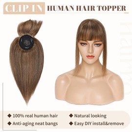 Hairro Clip in on Hair Topper with Bangs (12 Inch #4P27 Medium Brown & Dark Blonde) 100% Remy Real Human Hair Extensions for Women Human Hair Mono Base toppers for Hair Loss Thinning Hair Hairpiece