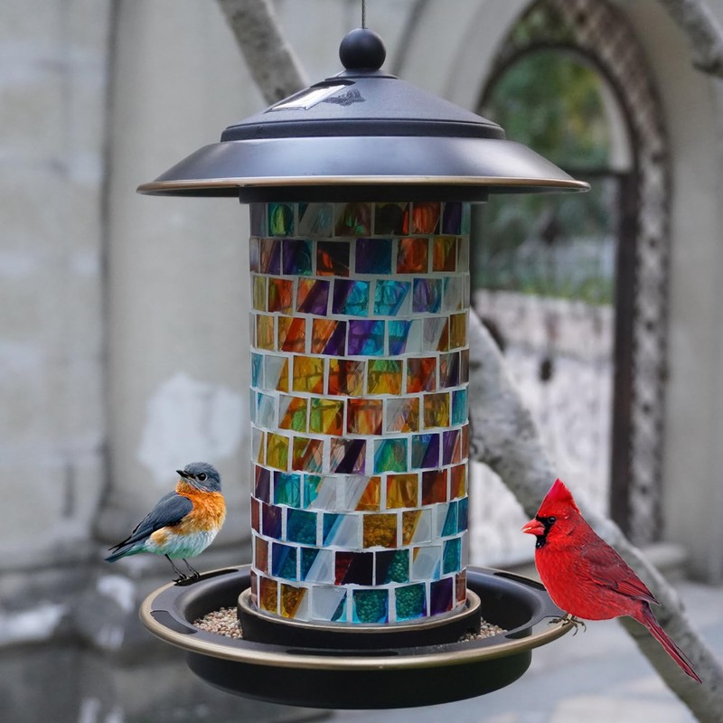 Solar Bird Feeder with Stained Glass, Easy Clean and Top