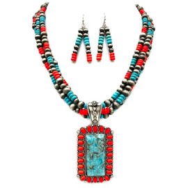 Rio Grande Western Turquoise Stone Pendant Beaded Necklace with Earrings (Red)
