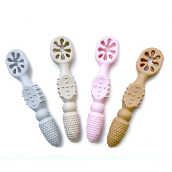 YMCF Products Baby First Spoon | Cuchara autoalimentable | Utensilio para niños pequeños | Silicona sin BPA paquete de 4 (rosa natural)