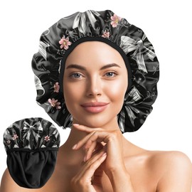 Deokke Luxury Shower Cap Terry Lined Elastic Triple Layer Waterproof Reusable Dry Hair Bathing Caps Aesthetic Cute for Women Girls-Grey black Bowknot