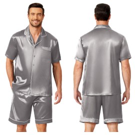 Ekouaer Satin Matching Pajamas Sets Couple Silk Button Down Sleepwear Women & Men Short Sleeve Pjs Lounge Set Dark Grey,M