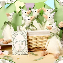 Blueweenly One Silly Goose 1st Birthday Decoration 8 Sets 15.7 Inch Soft Goose Stuffed Animal Birthday Hat with Wood Table Decor (Beige,Leaf Sign)