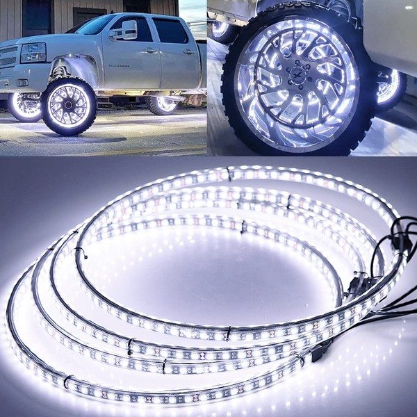 17IN Pure White Solid Color LED Wheel Ring Light Kit,Wheel Lights for trucks-4PCS Double Side,Waterproof, Can Controlled by Remote/Switch,Applicable to All Trucks.SUVs
