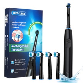 Electric Toothbrush 5 Modes Rotary Toothbrushes with 4 Replacement Soft Brush Heads Teeth Cleaner Rechargeable - Colour: Black
