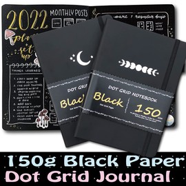 Bullet Dotted Journal - Dot Grid Notebook - 150gsm No Bleed Black Paper - 160 Black Pages - For Women and Men - A5 PU Leather Hardcover 5.75" x 8.5" and Gift Box MOON Stars(BKB-4)