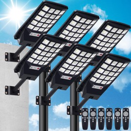 Retisee 6 Pack Solar Street Lights Outdoor 320° Wide Angle IP67 Waterproof 5730 LEDs Pole Solar Lights with Motion Sensor Remote 6500k Dusk to Dawn Control for Garage Yard Driveway Pathway Lighting