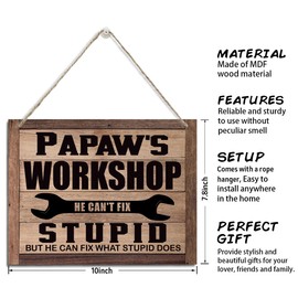 Papaw's Workshop Sign, Father's Day Gift for Papaw, Decorative Hanging Wood Plaque for Wall, Rustic Door Hanger, Farmhouse Home Wall Decoration, Funny Gift for Grandpa Mechanic, Papaw Birthday Gift