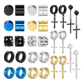 30 Piezas Aretes Falsos Piercing Hombre Imán Acero Cruz