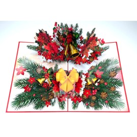 REMOtech Christmas Poinsettia Bouquet Greeting Card with Bells, Bows, Pinecones, 3D Pop-Up Card