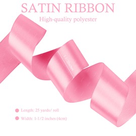Pink Satin Ribbon, 1-1/2 Inches x 25 Yards Solid Fabric Ribbons for Gift Wrapping, Flower Bouquet, Crafts and Wedding Party Decoration