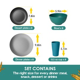 Teivio 32-Piece Kitchen Plastic Wheat Straw Dinnerware Set, Service for 8, Dinner Plates, Dessert Plate, Cereal Bowls, Cups, Unbreakable Colorful Plastic Outdoor Camping Dishes,Coastal