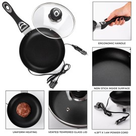 ZONETECH 12V Frying Pan with Glass Lid Portable Non-Stick 7.5-inch Stay-Cool Handles, Rapid Heat Up, Perfect For Camping, Picnic and more
