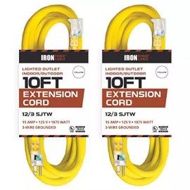 IRON FORGE CABLE 2 Pack of 10 Ft Outdoor Extension Cords-12/3 Heavy Duty Lighted Yellow Cable Set
