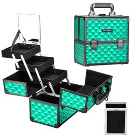 VETALLO Large Makeup Case with Brushes Holder, Portable Makeup Cases Organizer with Mirror Makeup Box Organizer Makeup Cases Organizer Make Up Box Birthday Gifts for Her Women Bestie I Blue