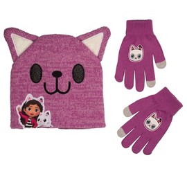 Gabby’s Dollhouse 3D Beanie & Glove Set for Kids, Jacquad Knit with Embroidered Appliques, Pink