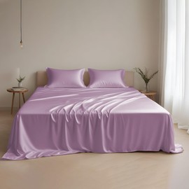 Linenwalas Sheets Set King Size, 4 Piece Eucalyptus Tencel Silk Sheets, Cooling & Breathable Bedding Set, Included 1 Fitted Sheet, 1 Flat Sheet & 2 Pillowcases (King, Lilac)