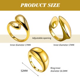 Pack of 3 Women's Gold Rings, Adjustable, Gold Rings, Waterproof, Chunky Rings, Finger Ring, Simple Band Ring, Stackable Open Golden Rings, Ring Set Gold, Smooth Tear Water Drop Rings Gold, Metal-free