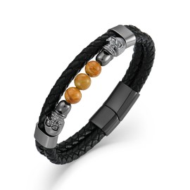 Raymard Mens Skull 3 Stone Beaded Leather Cuff Bracelet, Wood Grain Lapis Lazuli Lava Rock Stone Bangle Bracelet for Men, with Stainless Steel Clasp-Wood Grain