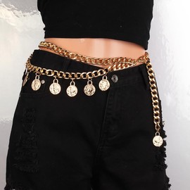 Pirate Waist Chain Gold Chain Belt for Women Coin Pendant Silver Belt Chain Beach Belly Body Chains Pirate Accessories Women Fashion Waist Jewelry (Gold 35in)