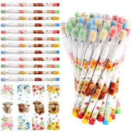 Kolewo4ever 48pcs HB Highland Cow Pencils Kawaii Cute Multipoint Pencil Push Pencil Translucent Non Sharpening Stackable Pencils for Classroom Rewards Carnival Prizes
