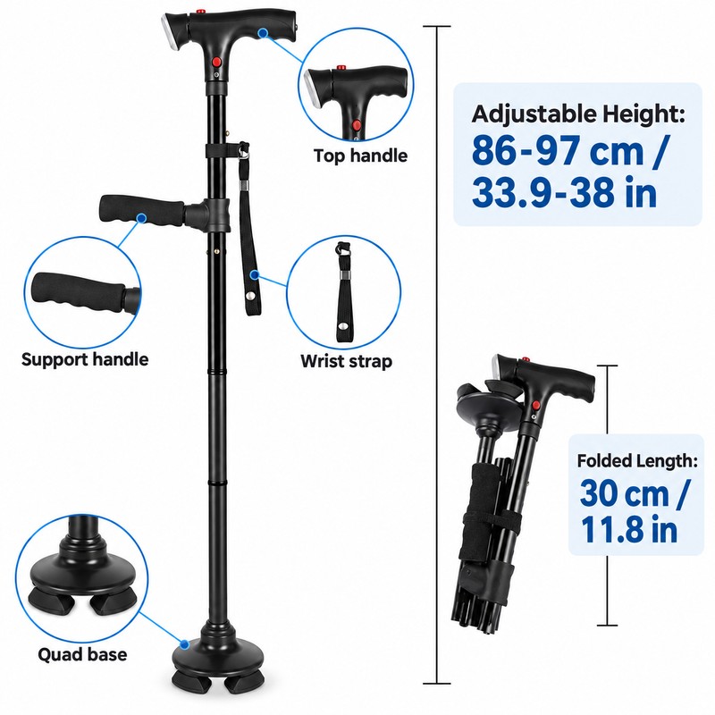 Folding Walking Cane for Seniors with LED Light, Alarm &