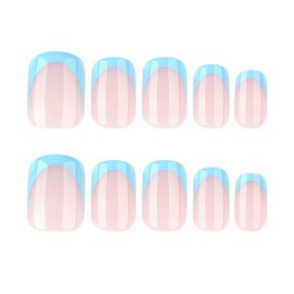 MISUD Short Press on Nails Square Fake Nails Glossy Glue on Nails Summer Acrylic Nail Supplies Squoval Artificial Nail Art Blue French Tip Stick on False Nails with Design DIY 24 pcs