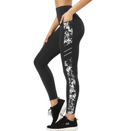 Yvette Printed Workout Leggings for Women High Waisted Yoga Pants with 2 Pockets Non See-Through Tummy Control, White Printed, 3XL