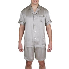OSCAR ROSSA Men's Luxury Silk Sleepwear 100% Mulberry Silk Short Sleeve Top Boxer Short Pajamas Set, Silver Grey, M