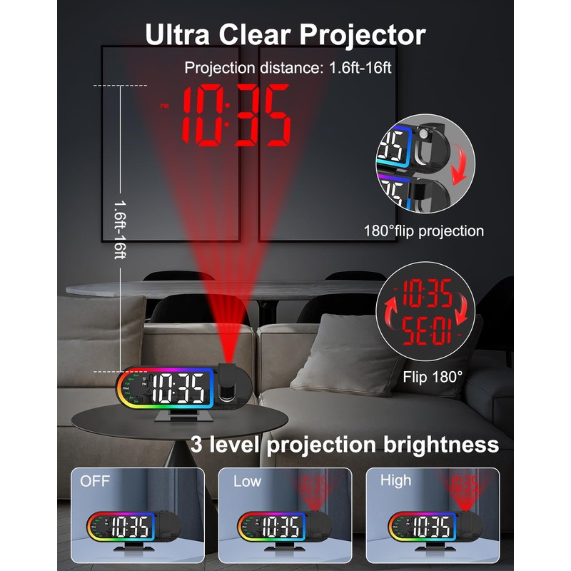 OQIMAX Projection Alarm Clock, 8.5 '' Digital Alarm Clock with